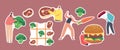 Set of Stickers Healthy and Unhealthy Eating, Vegetarian and Meat Food Theme. Tic-tac-toe Game, Characters Fencing Royalty Free Stock Photo