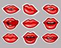 A set of stickers, icons, bright female lips expressing different emotions, graphic design