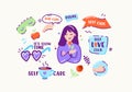 Set of Stickers or Doodle Icons Skin Care, Relax, Self Care and Self Love Club, It's Glow Time. Relaxed Girl with Flower