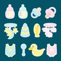 A set of stickers from items for newborns or children. Mobile, comb, feeding bottle, pacifier rubber duck, bodysuit. Vector