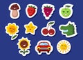Set of stickers for kids, cute characters, positive mood, fruits with faces. Encouragement icons Royalty Free Stock Photo