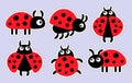 Set of stickers for kids, drawn funny cute ladybugs. Decor for decoration of holidays