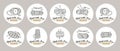 Set of stickers Knitting. knitting needles with skeins of yarn and lettering Knit with love. Hobby icons, logo