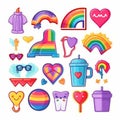 A set of stickers, an LGBTQ icon set. Symbols associated with pride Month in LGBT flag colors. Lips, hand holding a heart, flags,