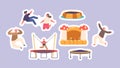 Set Of Stickers Little Kids Jumping And Hopping On Trampoline, Celebrate Party, Having Fun On Weekend Vector Patches