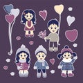 A set of stickers. Lovely children - boys and girls in winter and summer clothes. Items - balloons, flowers, hearts and