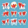 Set of stickers with loving hearts. Collection of cute hand drawn couples in love in doodle style for valentine`s day