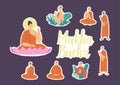 Set of Stickers Makha Bucha Holiday. Buddha Sitting in Lotus Flower, Buddhists Monks wearing Orange Robes Praying