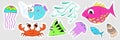 A set of stickers of marine inhabitants. Baby illustrations of fish, crab, jellyfish, seaweed, seashells.