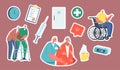 Set of Stickers Medical Care of Elderly People. Medics Help Old Disabled People in Clinic. Social Worker Care of Seniors