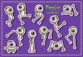 Set of stickers with moving, sitting monsters made of bones, human eyeballs with drops of green goo, slime