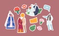 Set of Stickers Muslim Couples Wedding, Traditional Groom and Bride Characters Wear Festive Clothes, Islamic Newlywed