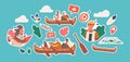 Set of Stickers Native Indian American Children Swim on Canoe, Indigenous Kids Characters Wear Costumes Rowing on Boat