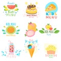 Set of stickers of natural children s menu with colorful images of natural fruits, sweets, ice cream, children s delicious drinks