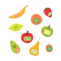 Set stickers for natural, organic fruits with hand written sign - eco food, bio product, natural taste, eco farm, gmo