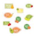 Set stickers for natural, organic fruits with hand written sign - eco food, bio product, natural taste, eco farm, gmo