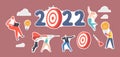 Set of Stickers 2022 New Year Goals, Plan and Idea. Characters Throw Darts to Target, Office Workers Developing Project