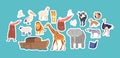 Set of Stickers Noah Character with Ark and Saved Domestic and Wild Animals. Exotic Animals and Birds Vector Patches