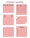 Set of stickers for notes, planning, pink color. Sheets of paper with paper clips, notepad paper. Design for social networks Royalty Free Stock Photo