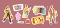 Set Stickers People in Fashion Brands Outlet. Characters with Shopping Bags, Clothes on Hangers, Seasonal Sale Royalty Free Stock Photo