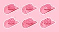 Set of stickers, pink cowgirl hats. Pink hats with hearts, stars, crown. Icons for kids.