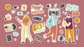 Set of Stickers Playlist for Music Collection Theme. People with Player, Thumb Up, Vinyl and Cd Disk, Dynamics or Player