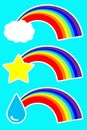 a set of stickers rainbow and droplet, cloud and star on a purple background