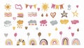 Set of stickers rainbow, heart, star, balloon, cloud watercolor illustration on white background.