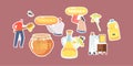 Set of Stickers Rapeseed Canola Oil and Honey Theme. Characters with Omega Capsules, Glass Jug and Jar with Products Royalty Free Stock Photo