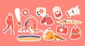 Set Of Stickers Rescuers First Aid To Victims On Beach, Medics In Uniform, Person On Stretchers Vector Illustration