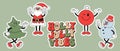 Set of stickers, retro Groovy hippie characters. Snowman, Santa Claus, Christmas tree, Christmas decoration ball. Royalty Free Stock Photo