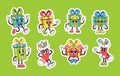 Set of Stickers Retro Groovy Style Gift Box Characters Radiates Nostalgia And Funky Flair. Cartoon Presents Personages