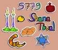 Set of stickers for Rosh Hashanah. Shofar. 5779 Sketch, doodle, hand draw. Lettering inscription Torah scroll, honey, apple