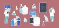 Set of Stickers Scientific Laboratory Research. Scientists Characters Working with Dna, Looking through Microscope