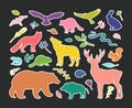 Set of stickers with silhouettes animals. Deer, hare, fox, hedgehog, squirrel, wolf, bear, snake, beaver, raccoon, mouse, wild Royalty Free Stock Photo