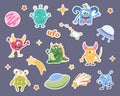 A set of stickers from space cartoons, cartoon monsters, aliens