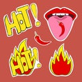 Set of stickers. Red pop art lips, red chili pepper on the tongue. Girl shows tongue. Inscription hot and yellow-red flame