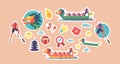 Set of Stickers Sportsmen Rowing on Boat Dragon, Oriental Festival, Sport Competition, Extreme Activity, Championship Royalty Free Stock Photo