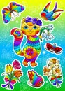 Set of stained glass stickers  on the theme of spring with a cute cartoon kitten, bright stickers on a bright background with flow Royalty Free Stock Photo