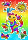 Set of stained glass stickers on the theme of summer with a cute cartoon kitten, bright stickers on a  background with flowers an Royalty Free Stock Photo