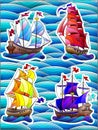 Stained glass illustration with stickers  with vintage sailboats on a background of blue sea waves Royalty Free Stock Photo