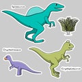 Set of stickers of stylized dinosaurs with an ethical painting