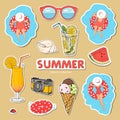 Set of stickers on a summer theme. Hand-drawn.