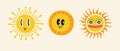 A set of stickers. The sun, logo, smile face, good mood. Brutalism, modern design. The style of the 80s.