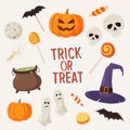 Set of stickers on theme of Halloween: skulls, ghosts, candy, pumpkins, hat and cauldron witches, bats. Royalty Free Stock Photo