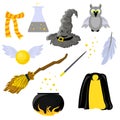 Set of stickers on the theme of Harry Potter and Magic. Hogwarts. School of magic. Mantle of Invisibility