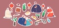 Set of Stickers Traditional Asian Family Dinner at Home. Young and Old Male and Female Characters Parents and Kid Royalty Free Stock Photo