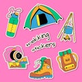 Set of 6 stickers with trekking and hiking equipment
