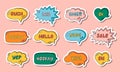 Set of stickers with trendy speech bubbles with hand drawn talk phrases in different shapes. Online chat clouds with Ok Royalty Free Stock Photo