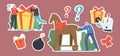 Set of Stickers Trojan Horse, Business Man Hold Gift with Burning Bomb inside. Present, Festive Bow and Question Mark